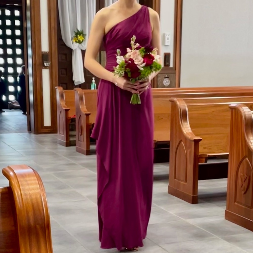 David’s Bridal Georgette One-Shoulder Cascade dress in Sangria